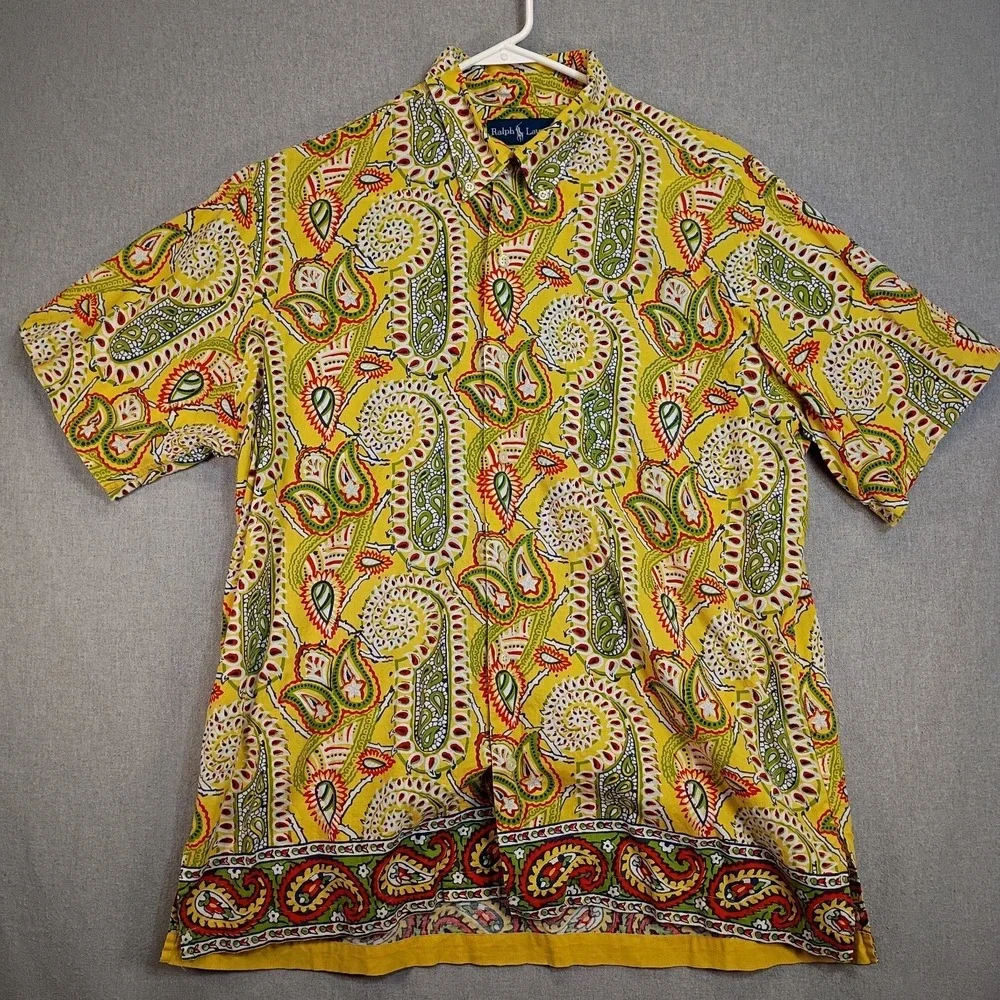 Ralph Lauren Bob Camp Mens M Yellow Paisley Hawaiian Camp Shirt Cotton Resort